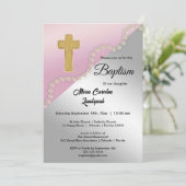 Invitation Rose Gold Argent Metallic & Perles Baptême (Debout devant)