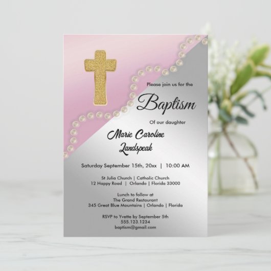 Invitation Rose Gold Argent Metallic & Perles Baptême (Debout devant)