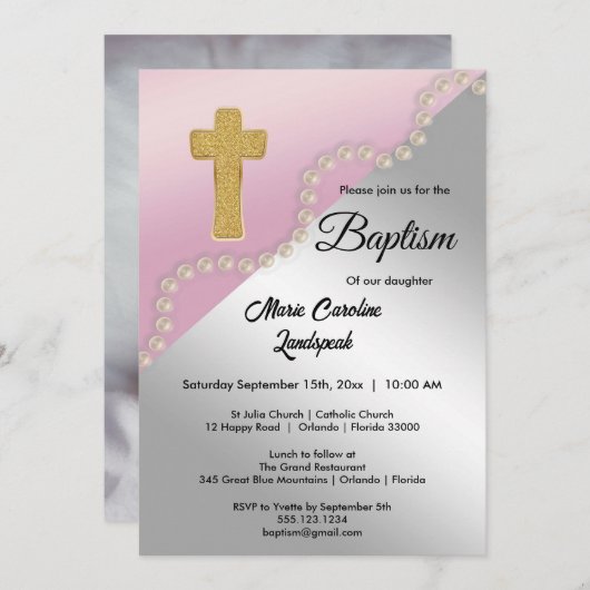 Invitation Rose Gold Argent Metallic & Perles Baptême (Devant / Derrière)