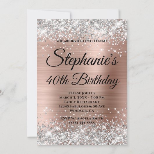 Invitation Rose Gold Argent Monogramme Fantaisie 40e Annivers (Devant)