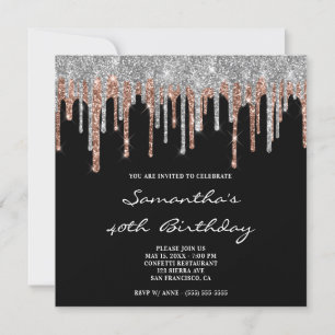 Invitation Rose Gold Argent Paillettes Gouttes Noir 40e Anniv