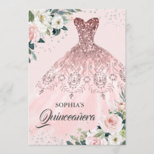 Invitation Rose Gold Argent Robe de Diamant Floral Quinceaner