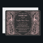 Invitation Rose Gold Art Deco Black Bachelorette<br><div class="desc">Design unique avec un mélange de paons d'art déco d'or imitation rose de style ancien et une approche graphique audacieuse et moderne, sur un arrière - plan texturé noir. Utilisez l'outil Personnaliser pour ajouter vos informations. Pour les articles correspondants, visitez, s'il vous plaît, ma collection Rose Gold Art Déco Peacocks....</div>