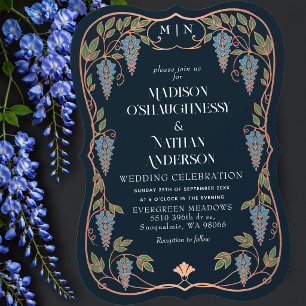 Invitation Rose Gold Art Nouveau Mariage Bleu Wisteria