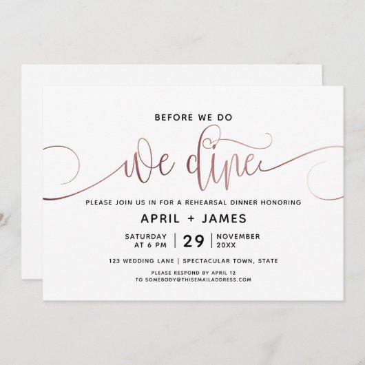Invitation Rose Gold avant de faire Nous Dînons Répétition Dî (Devant / Derrière)
