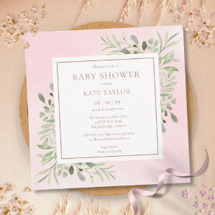 Invitation Rose Gold Baby Girl Douche   Saupoudrer de verdure