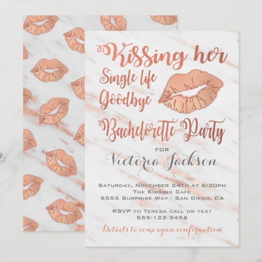 Invitation Rose Gold Bachelorette Party Kiss avec marbre (Devant / Derrière)