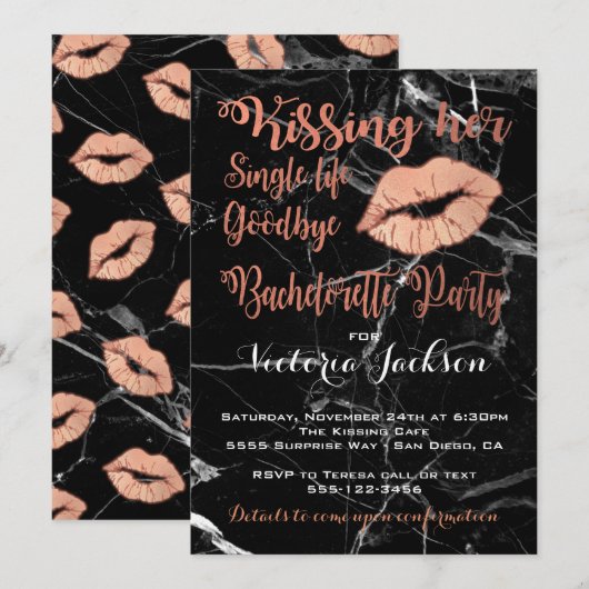 Invitation Rose Gold Bachelorette Party Kiss avec marbre (Devant / Derrière)