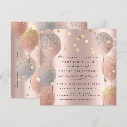 Invitation Rose Gold Ballon Pailleté Fête de Mariage Douzième (Devant / Derrière)