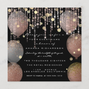 Invitation Rose Gold Ballon Pailleté Mariage Douce 16ème Noir