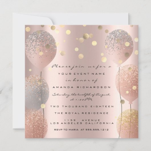Invitation Rose Gold Ballon Pailleté Mariage Douzième élégant (Devant)