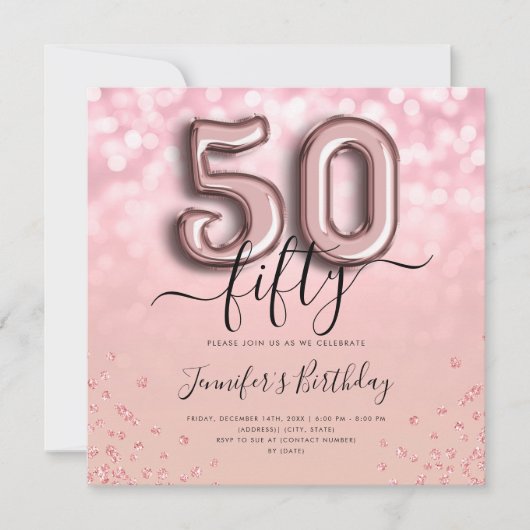 Invitation Rose Gold Balloon Parties scintillant 50e annivers (Devant)