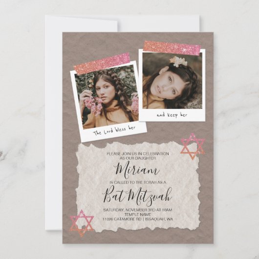 Invitation rose Gold, Bat mitzvah de scrapbook be (Devant)