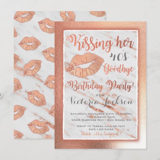 Invitation Rose Gold Birtdhay Party baiser lèvres sur marbre (Devant / Derrière)