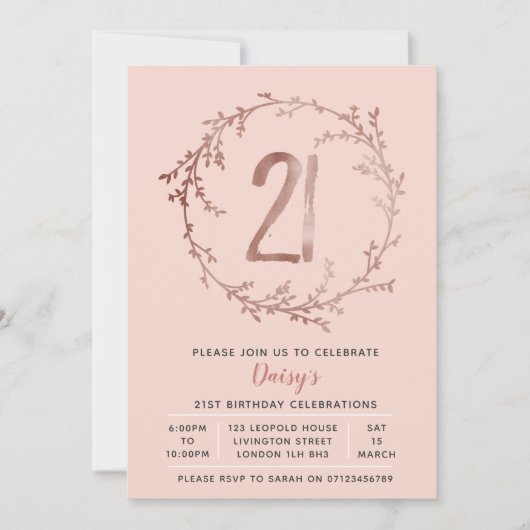 Invitation Rose Gold Birthday Girls 21e anniversaire invitati (Devant)