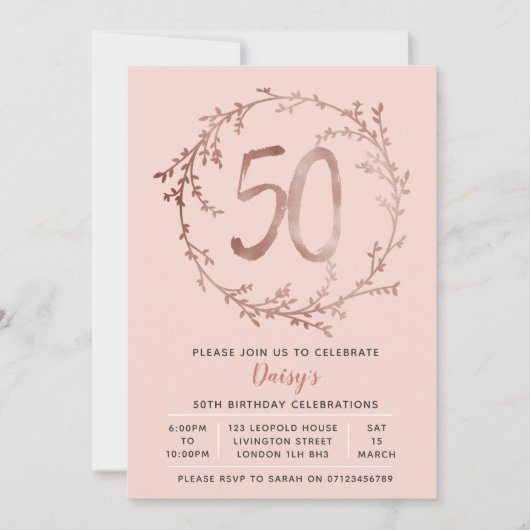 Invitation Rose Gold Birthday Girls 50e anniversaire invitati (Devant)
