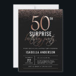 Invitation Rose Gold & Black 50th Surprise Anniversaire Party<br><div class="desc">Célébrez le 50e anniversaire de votre ami en style avec ces invitations de fêtes glam surprise. A l'avant, il présente des numéros d'or rose, de la calligraphie et des confettis contre un arrière - plan noir, avec les détails de votre fête dans une typographie sans-serif moderne séparée par des lignes...</div>