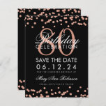 Invitation Rose Gold Black 80th Birthday Save Date Confetti<br><div class="desc">Elégant design "80e anniversaire fête" avec Rose Gold Faux Parties scintillant Confetti Noir et nom personnalisé et texte de détails. Facile à utiliser et facile à personnaliser. Commandez aujourd'hui !</div>