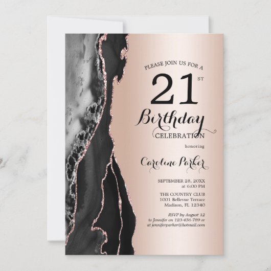 Invitation Rose Gold Black Agate 21e anniversaire (Devant)