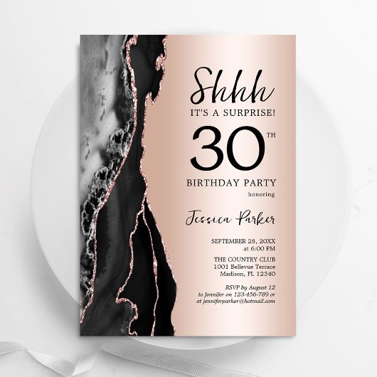 Invitation Rose Gold Black Agate Surprise 30e anniversaire