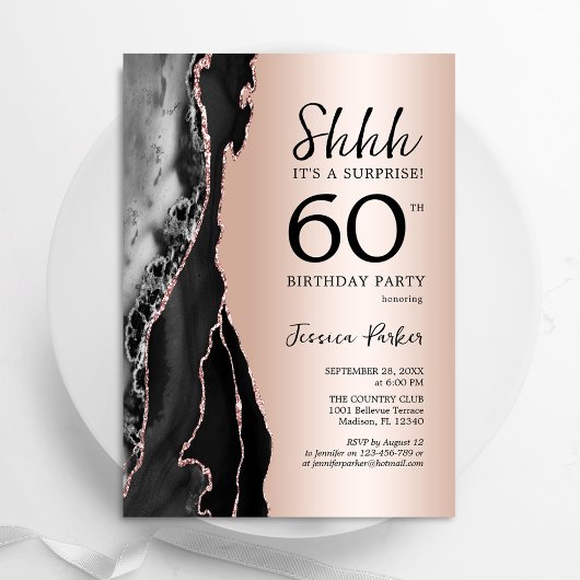 Invitation Rose Gold Black Agate Surprise 60e anniversaire