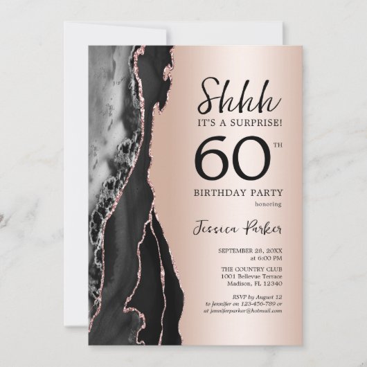 Invitation Rose Gold Black Agate Surprise 60e anniversaire (Devant)
