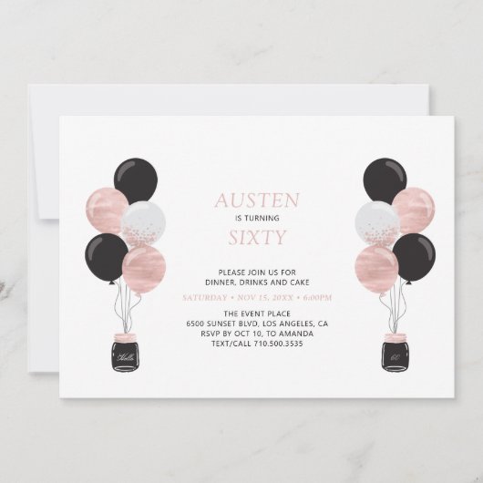 Invitation Rose Gold & Black Balloon Moderne 60 Anniversaire (Devant)