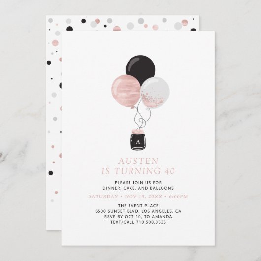 Invitation Rose Gold & Black Balloons Fête d'anniversaire mod (Devant / Derrière)