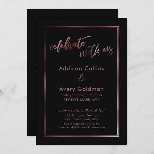 Invitation Rose Gold & Black Célébrez avec nous Typographie (Devant / Derrière)