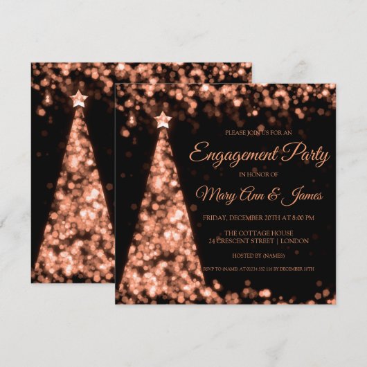 Invitation Rose Gold Black Christmas Engagement Party (Devant / Derrière)