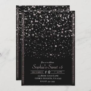 Invitation Rose Gold & Black Confetti Splatter Sweet 16 Party