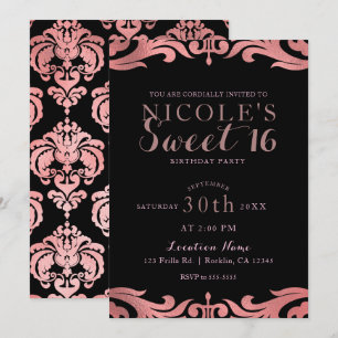 Invitation Rose Gold Black Damask Chic Élégant Sweet 16 Fête
