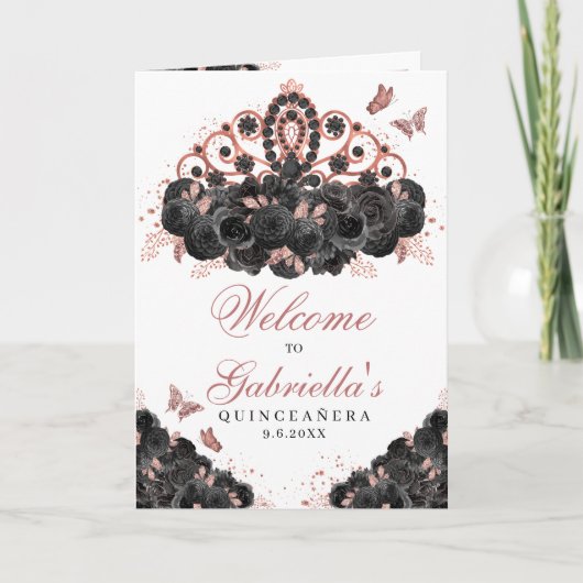Invitation Rose Gold & Black Floral Tiara Quinceanera Program (Devant)