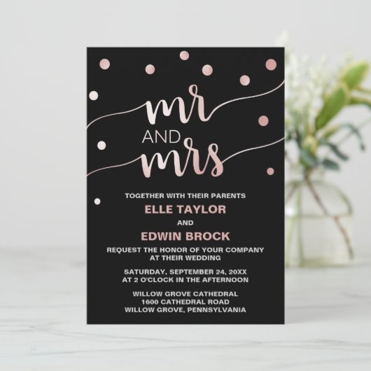 Invitation Rose Gold & Black Glam Confetti M. et Mme Mariage (Debout devant)