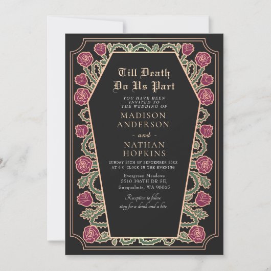 Invitation Rose Gold Black Gothique Coffin Mariage QR Code (Devant)