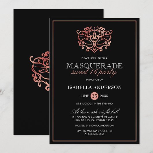Invitation Rose Gold & Black Masquerade Sweet 16 Typographie (Devant / Derrière)