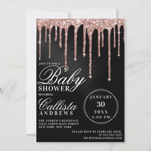 Invitation Rose Gold Black Metallic Parties scintillant Baby (Devant)