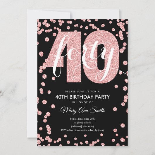 Invitation Rose Gold Black Parties scintillant 40e anniversai (Devant)