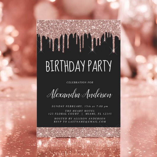 Invitation Rose Gold Black Parties scintillant N'importe quel