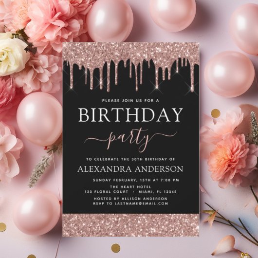 Invitation Rose Gold Black Parties scintillant N'importe quel