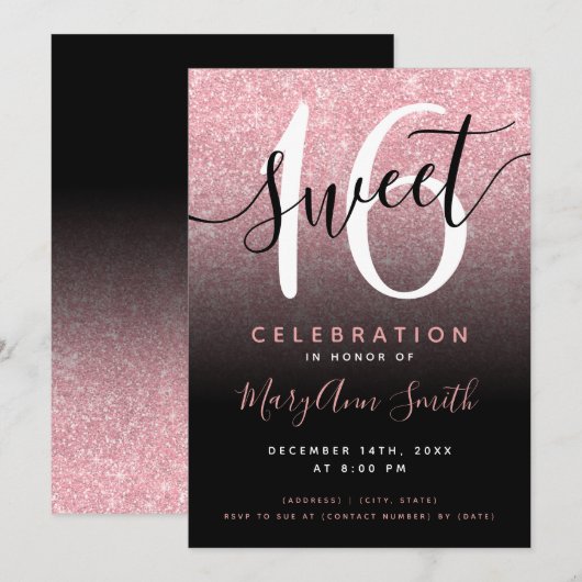 Invitation Rose Gold Black Parties scintillant Ombre 16e anni (Devant / Derrière)