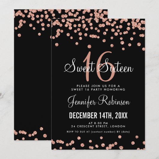 Invitation Rose Gold Black Sweet 16 Anniversaire Parties scin (Devant / Derrière)