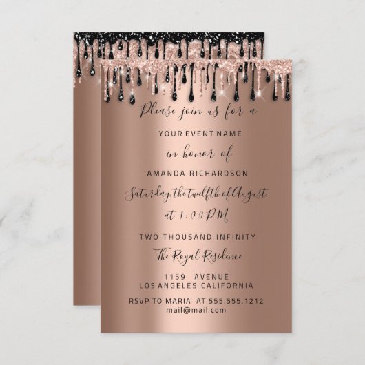 Invitation Rose Gold Black Sweet 16 Mariage nuptial (Devant / Derrière)