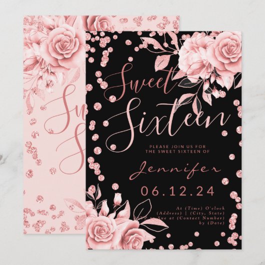 Invitation Rose Gold Black Sweet 16 Parties scintillant Confe (Devant / Derrière)