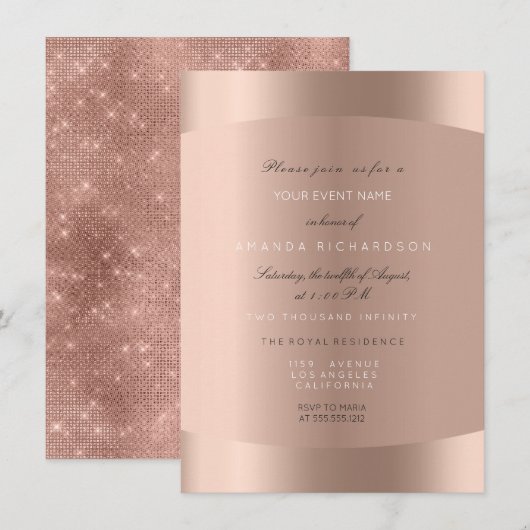 Invitation Rose Gold Black White Parties scintillant minimale (Devant / Derrière)