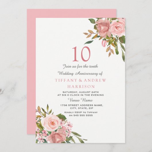 Invitation Rose Gold Blanc 10ème Anniversaire de Mariage (Devant / Derrière)