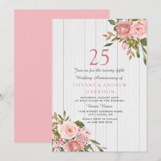 Invitation Rose Gold Blanc 25ème Anniversaire de Mariage (Devant / Derrière)