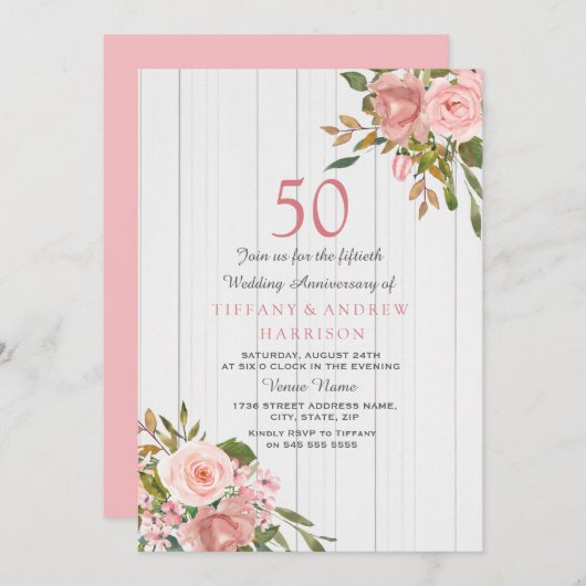 Invitation Rose Gold Blanc 50e Anniversaire de Mariage (Devant / Derrière)