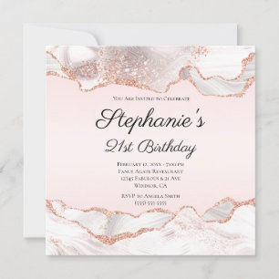 Invitation Rose Gold Blanc Agate Rose Clair 21e Anniversaire