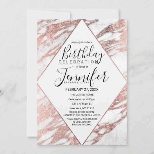 Invitation Rose Gold Blanc Marbre moderne Anniversaire (Devant)